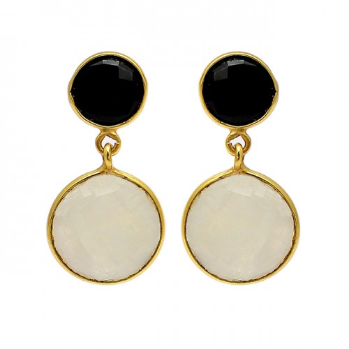 925 Sterling Silver Black Onyx Moonstone Gold Plated Dangle Stud Earrings