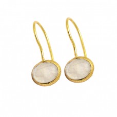 Cabochon Oval Rose Quartz Gemstone 925 Sterling Silver Gold Plated Earrings