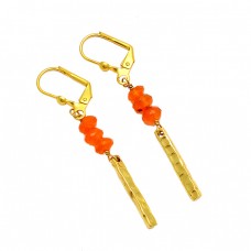 Carnelian Roundel Beads Shape Gemstone 925 Silver Gold Plated Clip-On Earrings