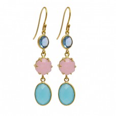 925 Sterling Silver Chalcedony Topaz Gemstone Gold Plated Dangle Handmade Earrings