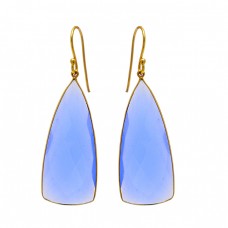 Blue Chalcedony Triangle Shape Gemstone 925 Sterling Silver Gold Plated Earrings