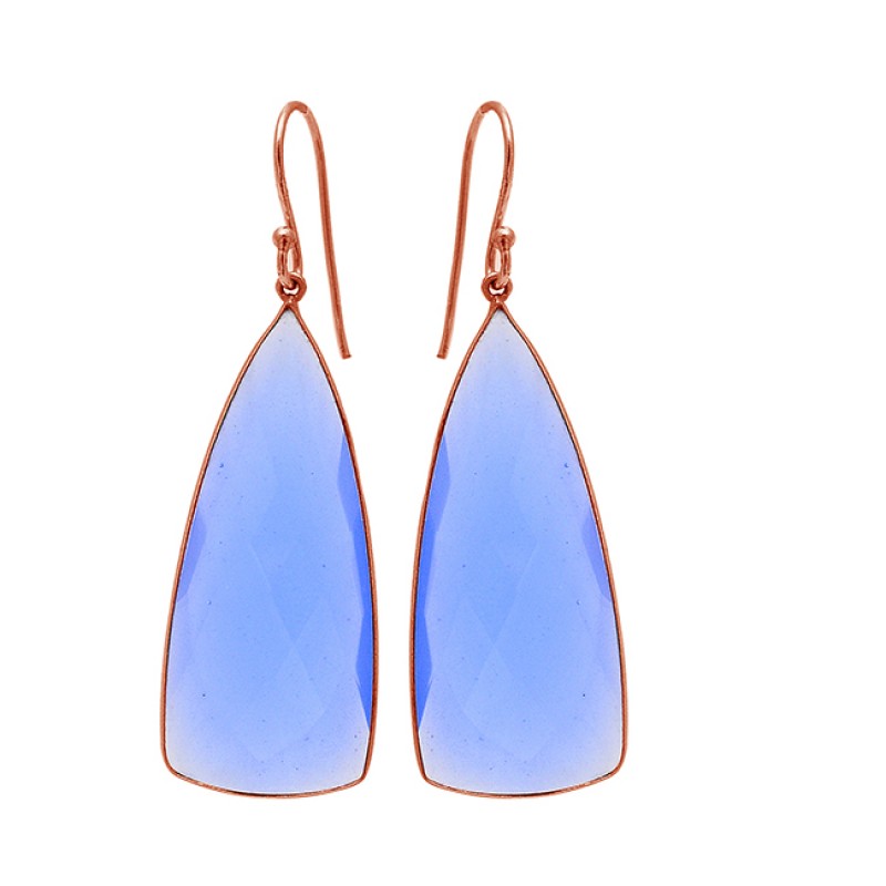Blue Chalcedony Triangle Shape Gemstone 925 Sterling Silver Gold Plated Earrings