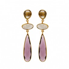 925 Sterling Silver Amethyst Smoky Quartz Moonstone Gold Plated Stud Earrings