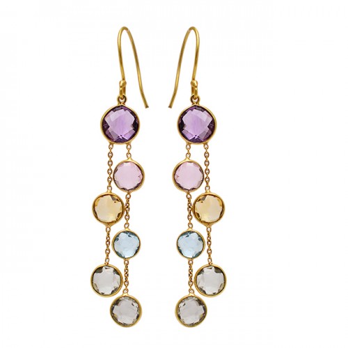 925 Sterling Silver Round Shape Gemstone Gold Plated Hanging Chain Earrings