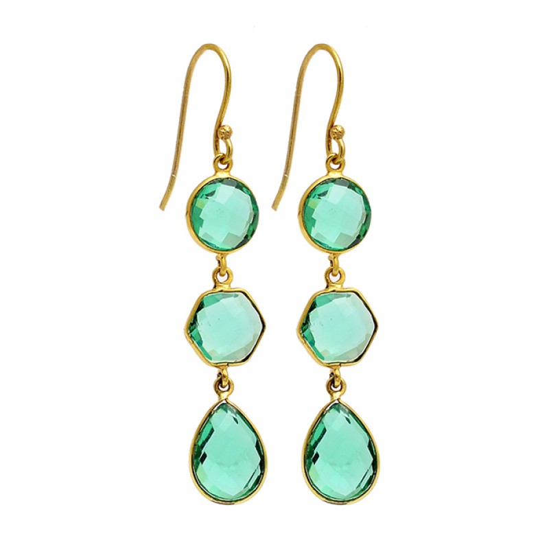 Green Apatite Gemstone 925 Sterling Silver Gold Plated Dangle Earrings