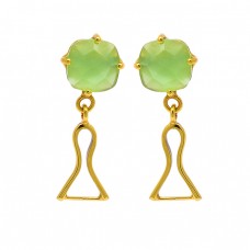 Prehnite Chalcedony Gemstone 925 Sterling Silver Gold Plated Stud Dangle Earrings