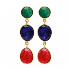 925 Sterling Silver Emerald Ruby Sapphire Gemstone Gold Plated Stud Dangle Earrings