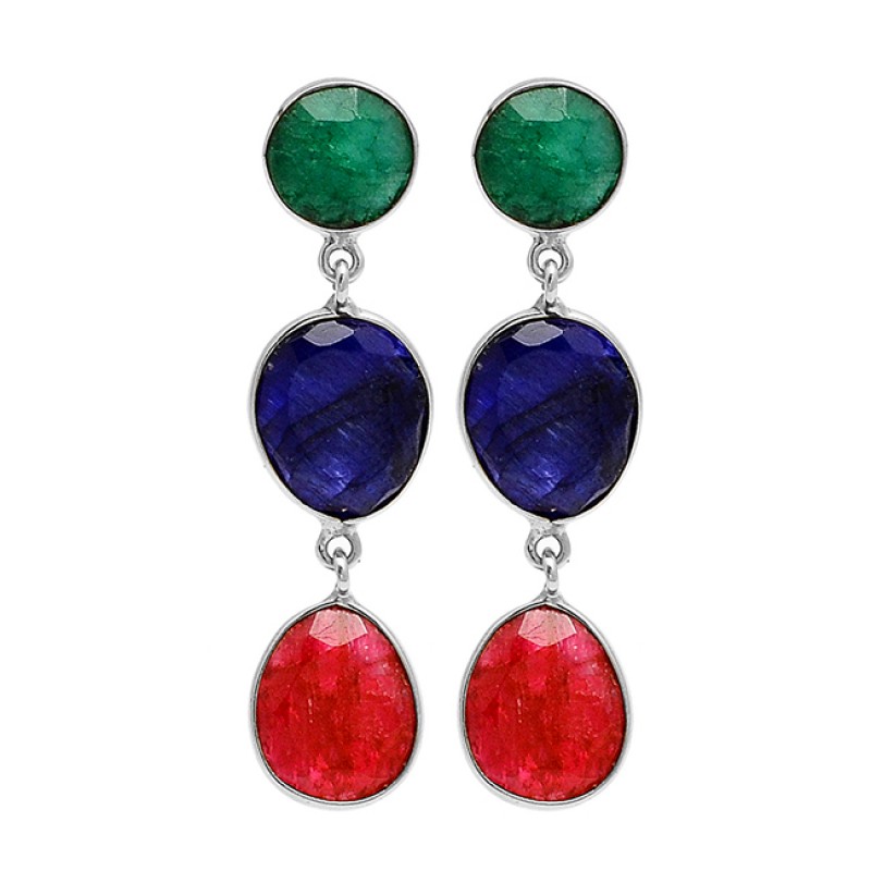925 Sterling Silver Emerald Ruby Sapphire Gemstone Gold Plated Stud Dangle Earrings