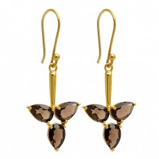 Smoky Quartz Pear Shape Gemstone 925 Sterling Silver Gold Plated Dangle Earrings