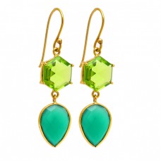 925 Sterling Silver Peridot Chrysoprase Gemstone Gold Plated Dangle Earrings