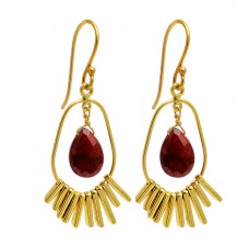 Pear Shape Ruby Gemstone 925 Sterling Silver Gold Plated Dangle Earrings