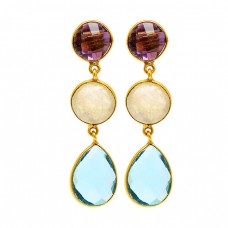 Amethyst Moonstone Topaz Gemstone 925 Sterling Silver Gold Plated Stud Earrings