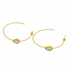 Fancy Shape Golden Rutile Quartz Gemstone 925 Silver Gold Plated Hoop Earrings