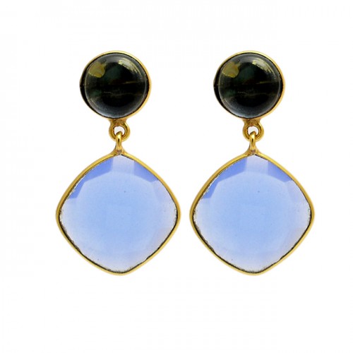 Cushion Round Shape Gemstone 925 Sterling Silver Gold Plated Stud Dangle Earrings