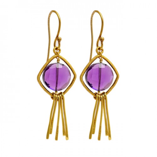 Amethyst Round Shape Gemstone 925 Sterling Silver Gold Plated Dangle Earrings