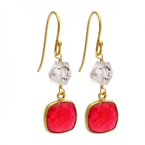 Ruby Herkimer Diamond Gemstone 925 Sterling Silver Gold Plated Dangle Earrings