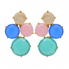 925 Sterling Silver Moonstone Chalcedony Gemstone Gold Plated Stud Earrings