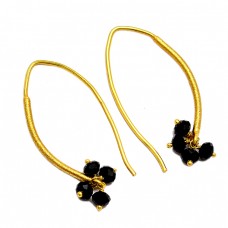 Black Onyx Roundel Beads Shape Gemstone 925 Sterling Silver Gold Plated Hoop Earrings