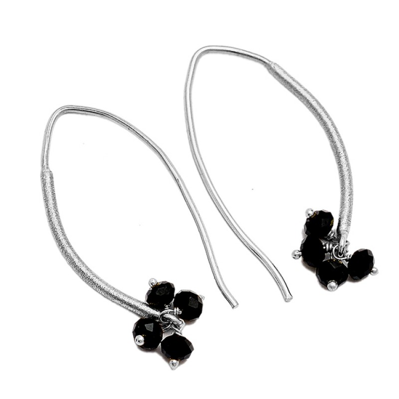 Black Onyx Roundel Beads Shape Gemstone 925 Sterling Silver Gold Plated Hoop Earrings