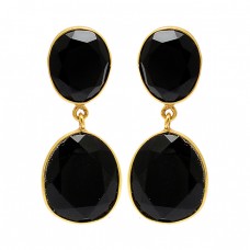 Bezel Setting Oval Shape Black Onyx Gemstone 925 Silver Gold Plated Stud Earrings