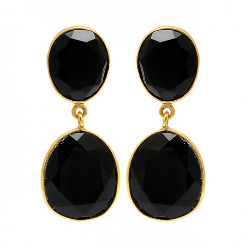 Bezel Setting Oval Shape Black Onyx Gemstone 925 Silver Gold Plated Stud Earrings