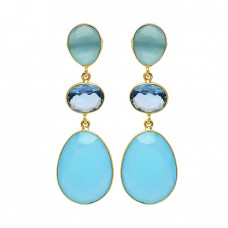 925 Sterling Silver Blue Topaz Chalcedony Gemstone Gold Plated Dangle Stud Earrings