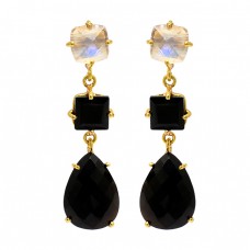 Black Onyx Moonstone Gemstone 925 Sterling Silver Gold Plated Stud Dangle Earrings