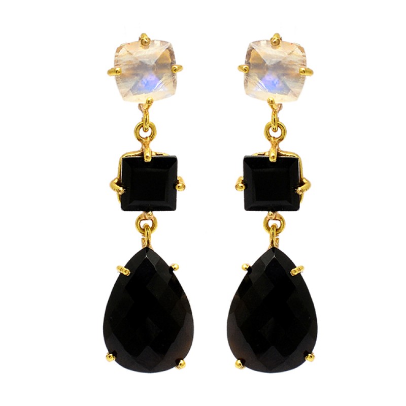 Black Onyx Gemstone Gold Plated 925 Sterling Silver Stud Earrings Jewelry 