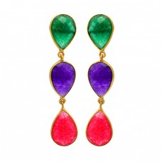 925 Sterling Silver Emerald Amethyst Ruby Gemstone Gold Plated Stud Earrings