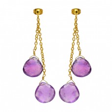 Hanging Chain Purple Amethyst Heart Shape Gemstone Handmade Gold Plated Stud Earrings