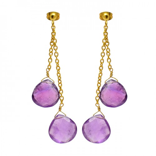 Hanging Chain Purple Amethyst Heart Shape Gemstone Handmade Gold Plated Stud Earrings