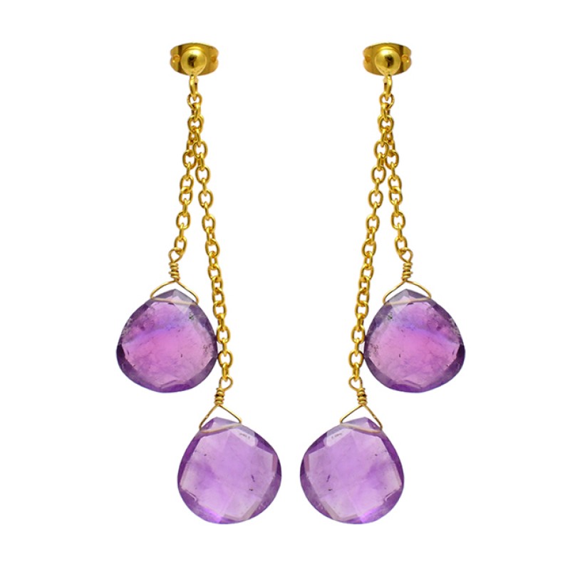 
									Hanging Chain Purple Amethyst Heart Shape Gemstone Handmade Gold Plated Stud Earrings