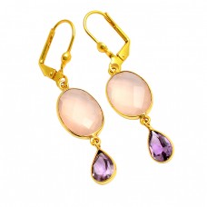 Rose Quartz Amethyst Gemstone 925 Sterling Silver Gold Plated Clip-On Earrings