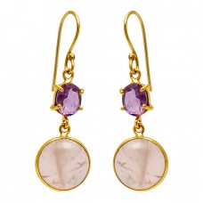 Amethyst Rose Quartz Gemstone 925 Sterling Silver Gold Plated Dangle Earrings