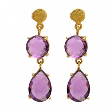 Amethyst Round Pear Shape Gemstone 925 Sterling Silver Gold Plated Stud Earrings