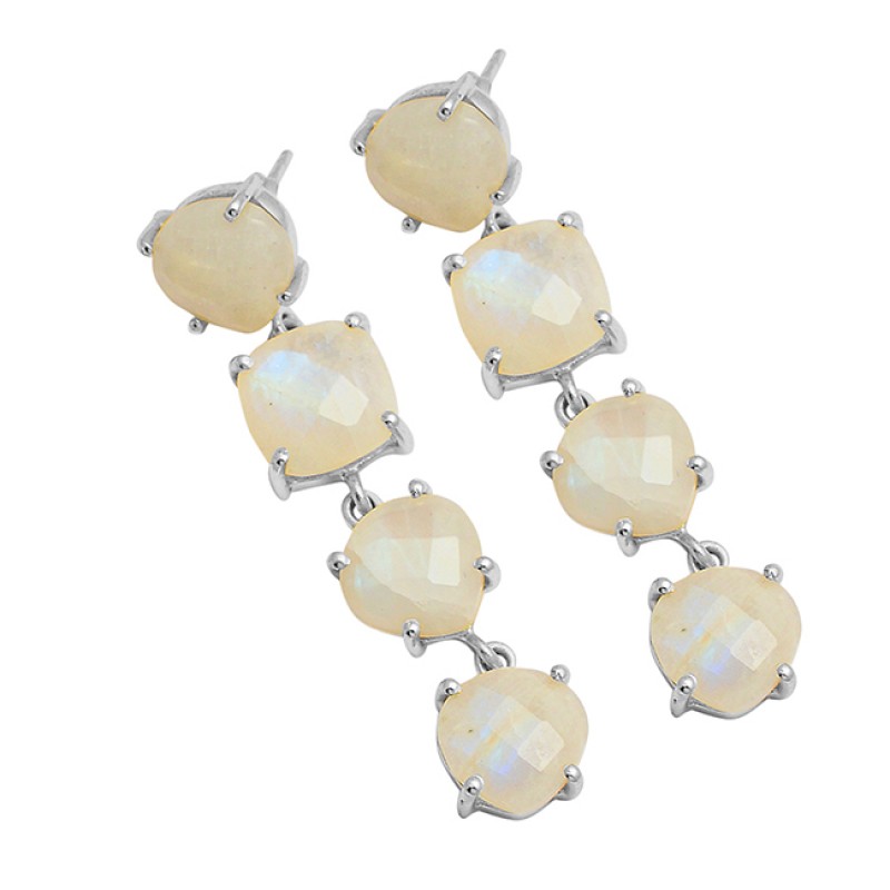Round Square Shape Moonstone 925 Sterling Silver Gold Plated Stud Dangle Earrings