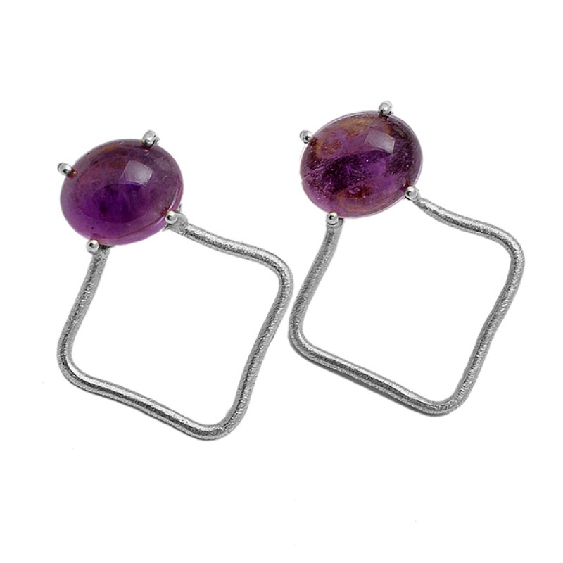 Oval Cabochon Amethyst Gemstone 925 Sterling Silver Gold Plated Stud Earrings