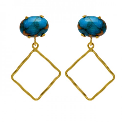 Blue Copper Turquoise Gemstone 925 Sterling Silver Gold Plated Stud Dangle Earrings