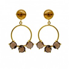 Smoky Quartz Citrine Gemstone 925 Sterling Silver Gold Plated Stud Dangle Earrings