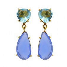 Blue Topaz chalcedony Gemstone 925 Sterling Silver Gold Plated Stud Dangle Earrings