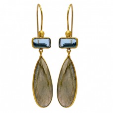 Blue Quartz Labradorite Gemstone 925 Sterling Silver Gold Plated Earrings