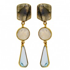 925 Sterling Silver Labradorite Moonstone Topaz Gold Plated Dangle Stud Earrings