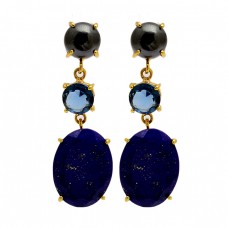 Hematite Blue Quartz Lapis Lazuli Gemstone 925 Silver Gold Plated Dangle Earrings