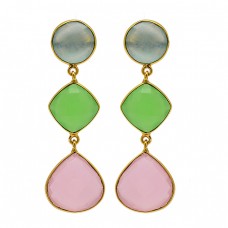 925 Sterling Silver Chalcedony Gemstone Gold Plated Bezel Setting Stud Earrings