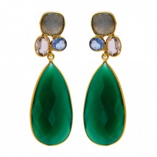 Multi Color Gemstone 925 Sterling Silver Gold Plated Dangle Stud Designer Earrings