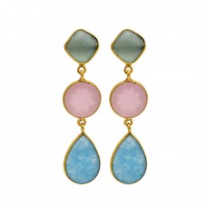 Larimar Chalcedony Gemstone 925 Sterling Silver Gold Plated Bezel Setting Earrings