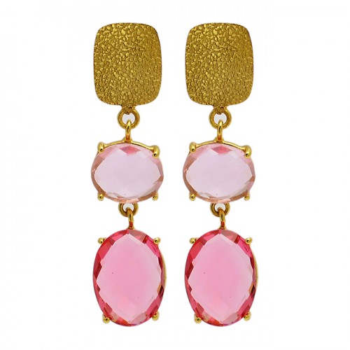 Pink Quartz Oval Shape Gemstone 925 Sterling Silver Gold Plated Stud Dangle Earrings
