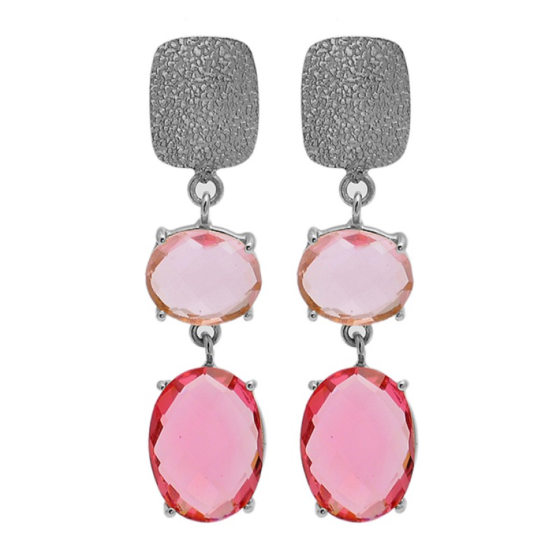 Pink Quartz Oval Shape Gemstone 925 Sterling Silver Gold Plated Stud Dangle Earrings
