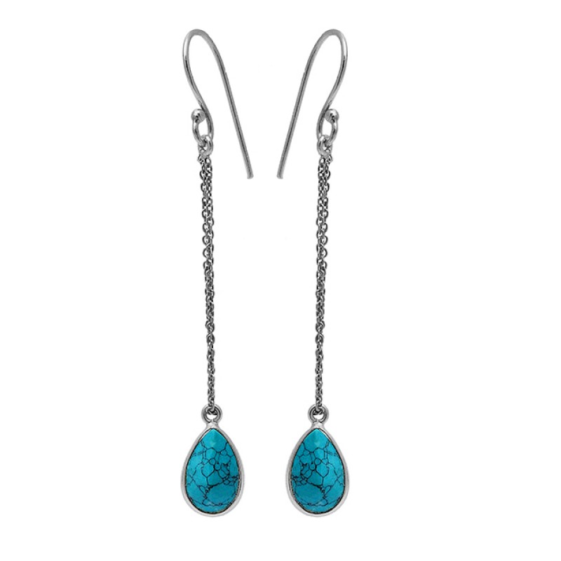Pear Shape Turquoise Gemstone 925 Sterling Silver Gold Plated Chain Dangle Earrings