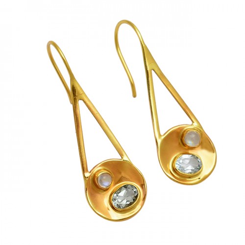 Moonstone Crystal Quartz Gemstone 925 Sterling Silver Gold Plated Handmade Earrings